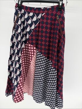 HD in Paris Navy and Pink Mixed-Print A-Line Midi Skirt Anthro size 2